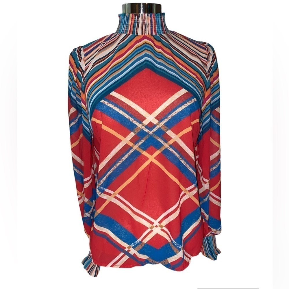 A. Calin by Flying Tomato blouse ruffled neckline/wrists stripes Sz Small